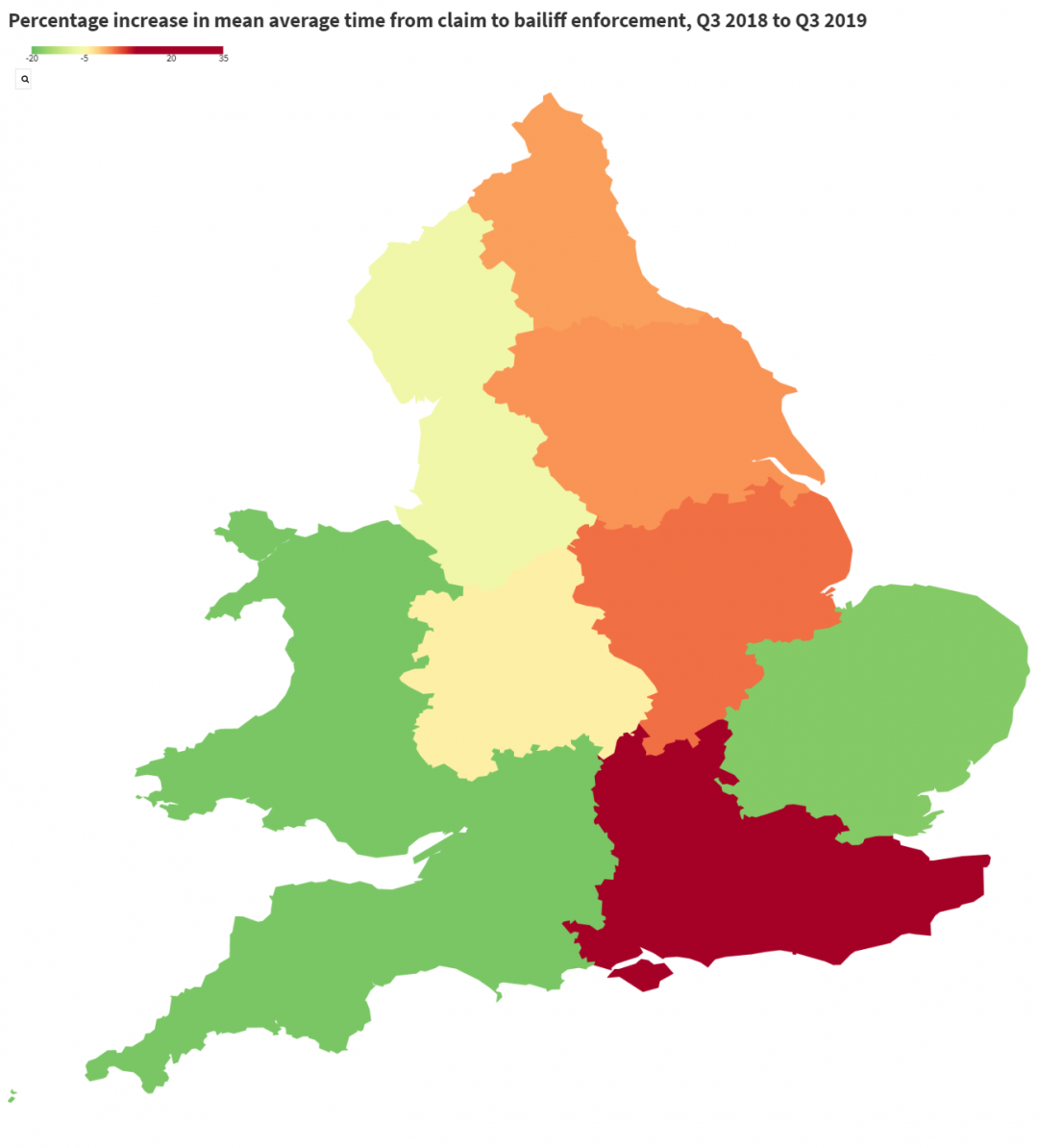 Regional changes in mean average bailiff enforcement wait times, Q3 2018 -Q3 2019